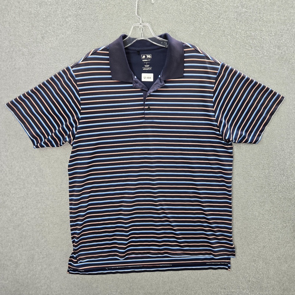 Adidas‎ Men Polo Shirt Large Blue Striped Golf Climalite Short Sleeve Collar